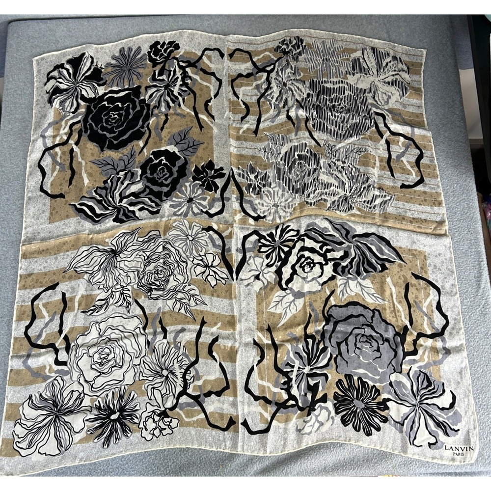 Lanvin Paris Silk 34" Square Scarf Black Grey Tan Floral Stripe Flower Neutrals